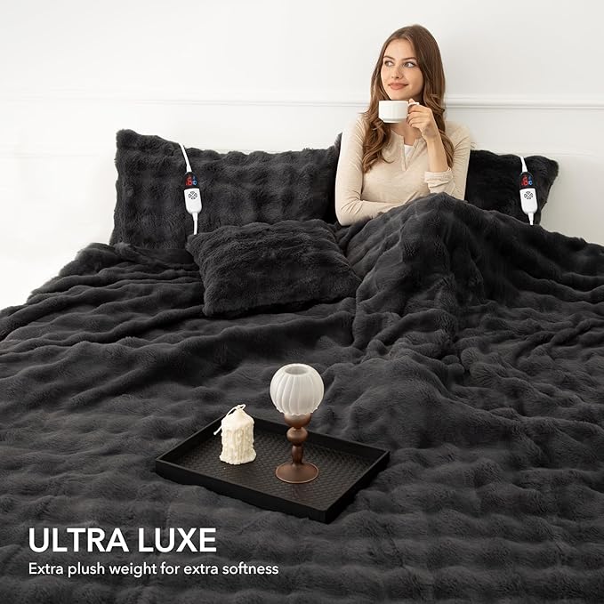 Faux Rabbit Fur Bubble Heated Blanket Queen Size Dark Grey - Fluffy Thick Electric Blanket with Dual Control, 6 Heating Levels & 10 Timer Settings, Overheat Protection, Home Decor (84" x 90")