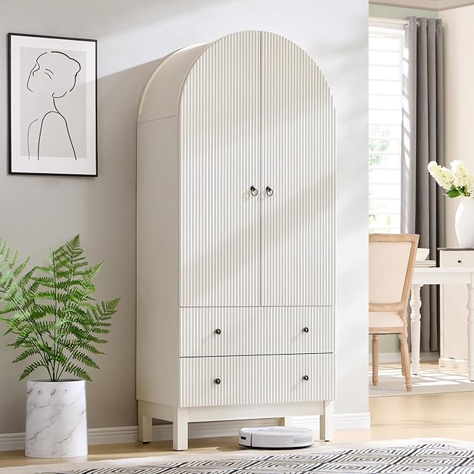 71" Tall Arched Bathroom Storage Cabinet, Modern Fluted Cabinet Storage with 4 Shlves and 2 Drawers, Floor Cabinet for Bathroom, Living Room, Kitchen, White