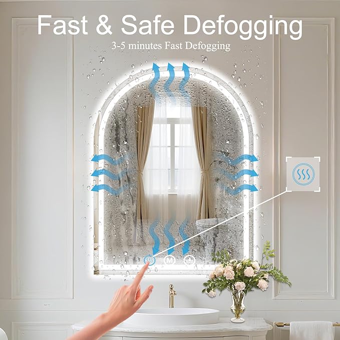 LED Bathroom Mirrors with Lights 30"x34" Arched Mirror for Wall,Led Vanity Mirror, Anti-Fog,LED Mirrors with Front Light and Backlit, Anti-Fog, Dimmable, 3 Color, Shatterproof, Touch Sensor
