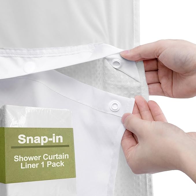 YellyHommy Waterproof Fabric Snap in Shower Curtain Liner Replacement with 2 Magnets 71" W x 61" L for 72" W x 81" L No Hook Shower Curtain - Removable & Detachable to Wash - White