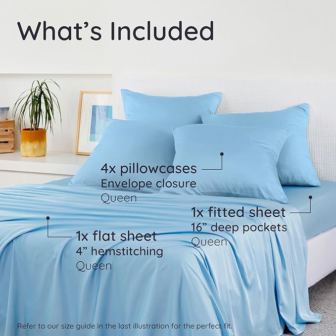 Bambaw 6pcs Set of 100% Viscose Derived from Bamboo Sheets for Queen Size Bed - Cooling Sheets Queen Size Deep Pocket, Fits Up to 16'' Mattresses, Super Soft Sheets Queen Size (Dream Blue)