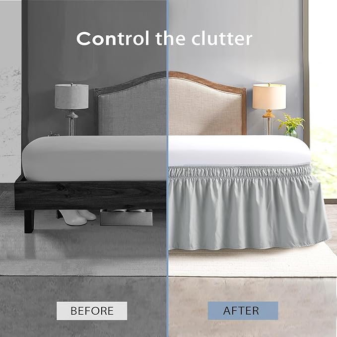 FreshCulture Twin Bed Skirt - Elastic Wrap, Easy Fit with 15-Inch Drop, Hotel Quality - Light Grey
