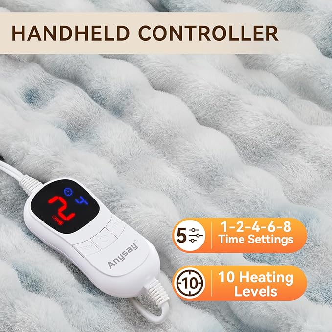 Heated Blanket Full Size with 1/2/4/6/8 Hours Auto-Off 10 Heat Level, 62'' * 84'' Cozy Faux Rabbit Fur Bubble Electric Blanket with Overheat Protection(Brown)
