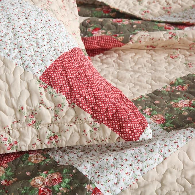 ENASAL Cotton Bedspread Quilt Bedding Sets Reversible Coverlet Sets Comforters Rose Floral Purple White Patchwork Pattern Bedspread for All Season, King Size