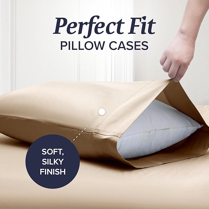 Beckham Hotel Collection Down Alternative Pillows & Cotton Sheets 4 Piece Set, 16" Deep Pocket, 2 Open End Pillowcases, King, Sand