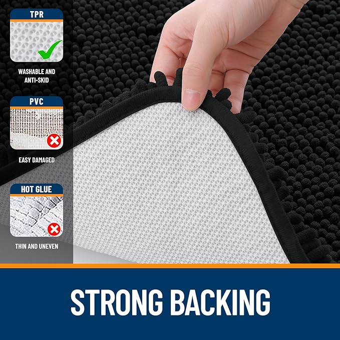 OLANLY Bathroom Rugs 59x24, Extra Soft Absorbent Chenille Bath Rugs, Rubber Backing Quick Dry, Machine Washable Bath Mats for Bathroom Floor, Tub and Shower, Home Decor Accessories, Black