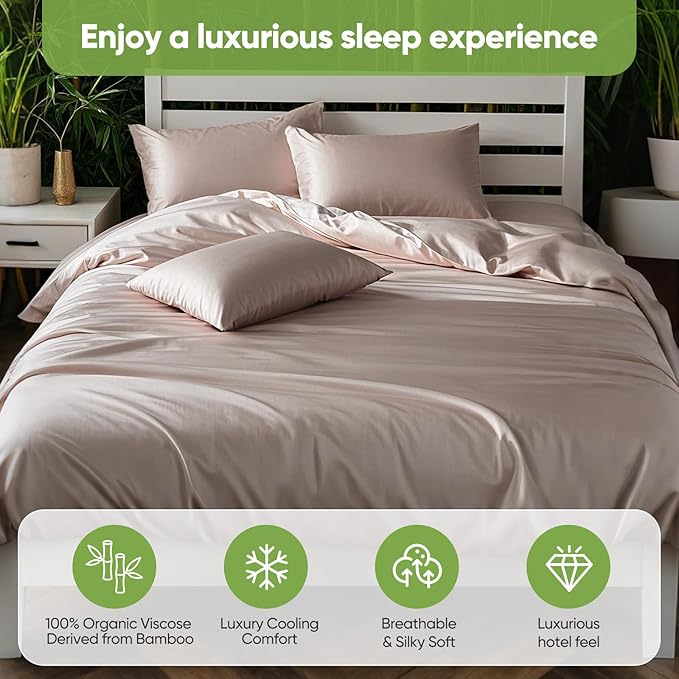 TWK Luxury Sheet Set, Genuine 100% Viscose Derived from Bamboo, Cooling & Breathable, Silky Soft, Bedding Sheets & Pillowcases (Sand, Full)