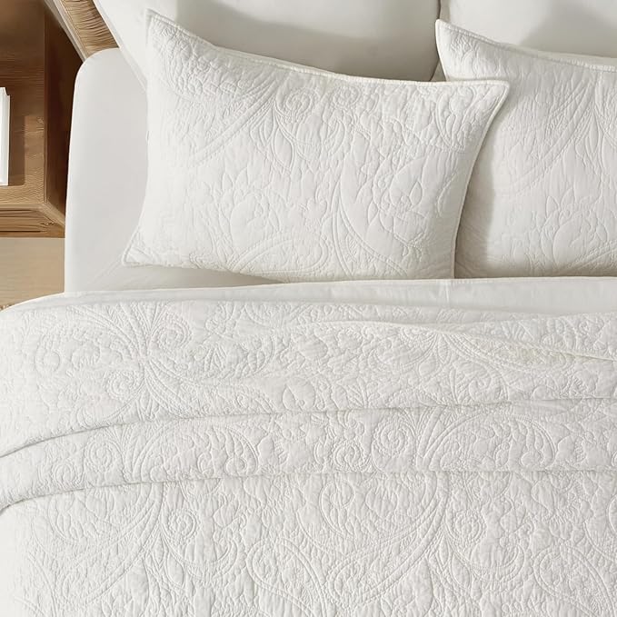EVERGRACE 100% Cotton Paisley Quilt Set, King Size 3 Piece Set – Prewashed Lightweight Bedspread with 2 Shams, Soft & Breathable Matelasse Coverlet for All-Season Comfort, Bright White