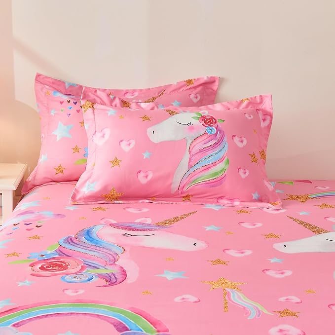 Wajade Pink Unicorn Comforter Set for Girls 7 Piece Cute Cartoon Bedding Set for Kids Full Size as Birthday Gift with Comforter, Sheet Set, Pillowcase and Sham