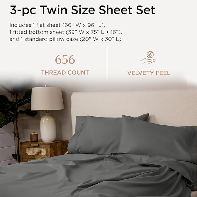 Threadmill Twin Sheet Set |656 Thread Count 100% Supima Cotton Sheets for Twin Mattress | Solid Sateen Twin Bed Sheets Set with 16” Deep Pocket | Soft Breathable 3-Piece Cooling Sheet Set | Dark Grey