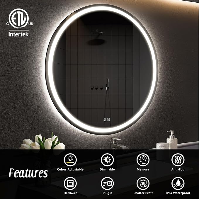APRILSOUL 28 Inch Round LED Bathroom Mirror with Lights, Makeup Mirror with Front and Backlit, Anti-Fog, 3 Colors and Dimmable Light