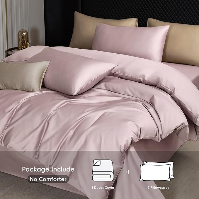 MooMee Duvet Cover Set 100% Extra Long Staple Cotton 600 Thread Count Silky Sateen Smooth Luxury Soft Breathable Durable Hotel Quality Bedding, 3 Pieces (Pale Mauve, Queen 90"x90")