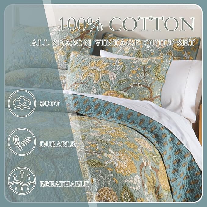 Cotton Bedspread Bedding Coverlet Quilt Sets, Reversible Vintage Branch Floral Bedspread comforters, (Rustic Sage Green Floral Pattern, King Size)