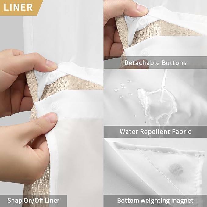 YellyHommy No Hook Linen Shower Curtain with Snap in Liner Set Less Time, Hotel Beige Shower Curtain for Bathroom Fabric with Mesh Top Window, Extra Long 87" L x 72" W