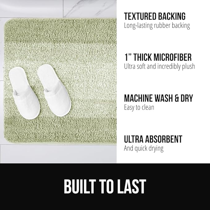 GORILLA GRIP Ultra Soft Plush Bathroom Rugs with Textured Rubber Backing, Absorbent Quick Dry Bath Mat, Machine Washable Shower Mats, Home Décor Accessories Bathmat Rug Essentials, 30 x 18 Sage