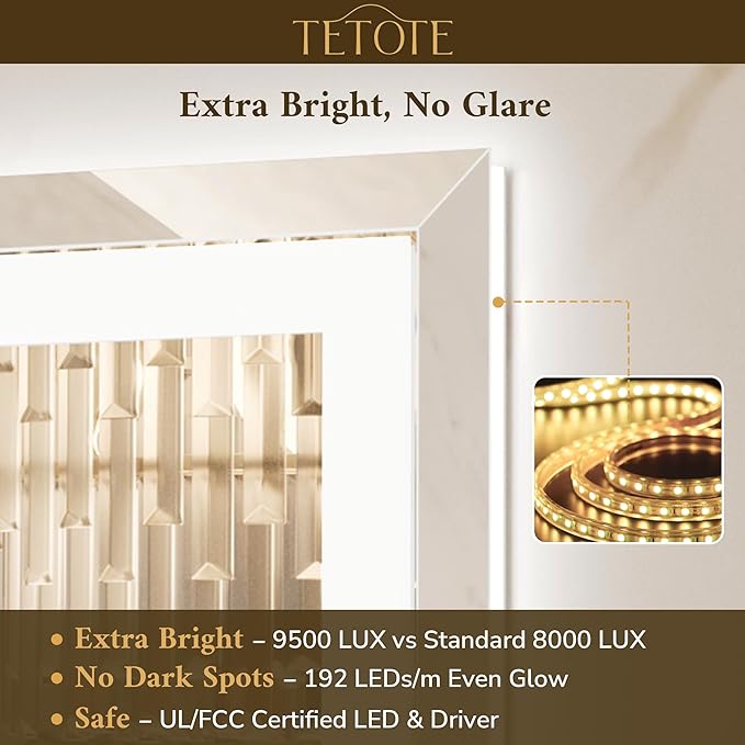 TETOTE Led Bathroom Mirror with Lights 24 x 32 Inch, Beveled Lighted Vanity Front and Backlit Anti-Fog Mirror Wall Mounted for Modern Bathroom, 3-Color Extra-Bright Lights, Tempered Glass