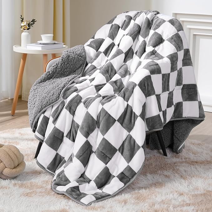 Sherpa Weighted Blanket for Adults Queen Size 15 lbs, Dual Sided Heavy Blankets with Checkerboard Pattern, Ultra Soft Cozy Throw Blanket for Calming and Sleep, Plaid Grey, 48" x 72"