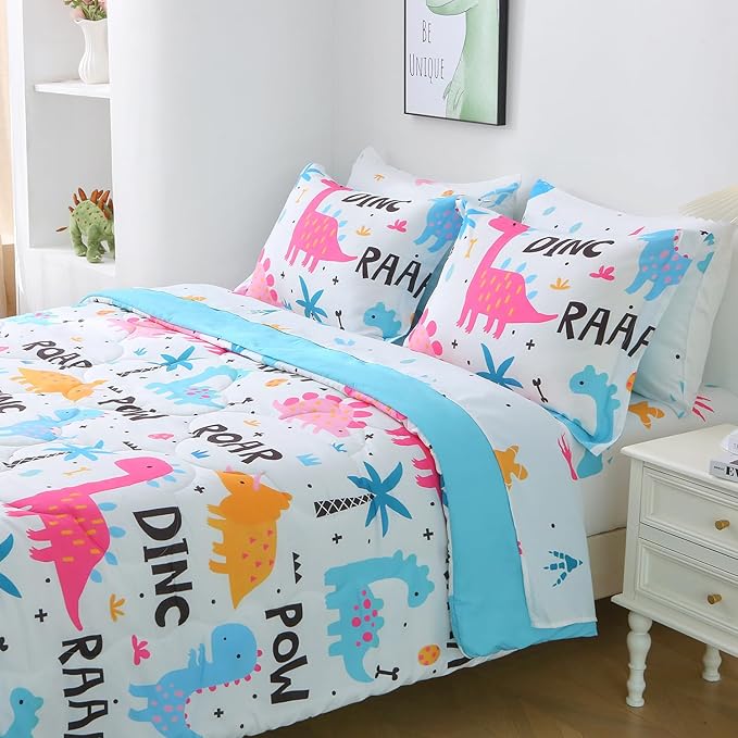 Wajade 7 Piece Kid Girls Dinosaur Comforter Set Full Size 3D Pink Dinosaur Wild Park Jungle Print Bedding Set with Comforter, Sheet Set, Pillowcase and Sham