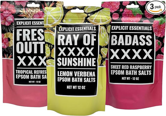 Bath Salt Gift Set for Women – 3-Pack of 12oz Aromatherapy Soaks – Relaxation Spa Gift – Sweet Raspberry, Lemon Verbena, Tropical Scented