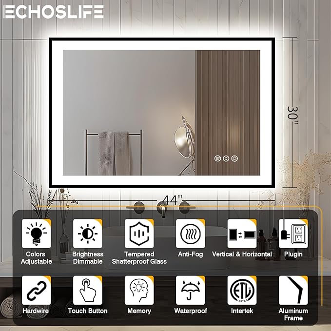 44x30 Bathroom Light up Mirror, Black Double Bright Lights, Anti-Fog Vanity Mirror with Lights, Stepless Dimmable Illuminated Mirror, Touch Control, Waterproof (Horizontal/Vertical)