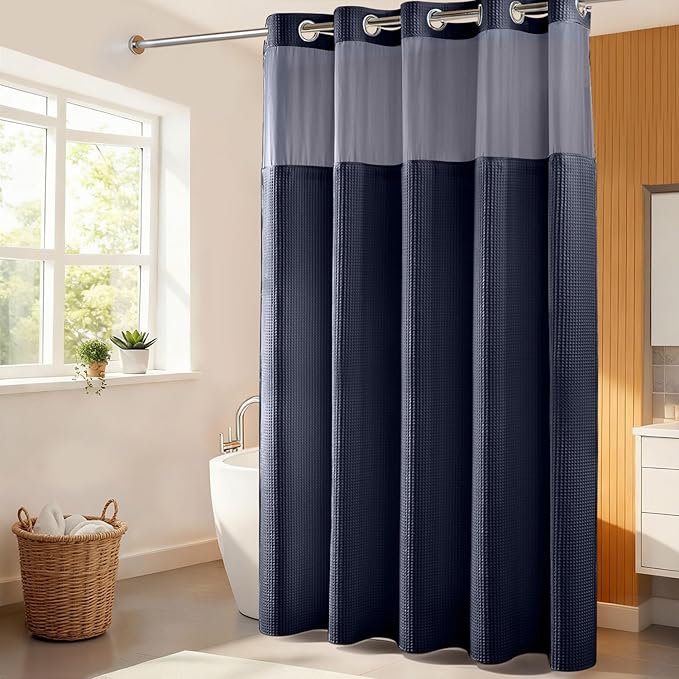 River Dream Navy Blue Fabric Shower Curtain Set, Cotton Blend, Waffle Weave, with Snap in Replacement Liner，71 x 86 inches
