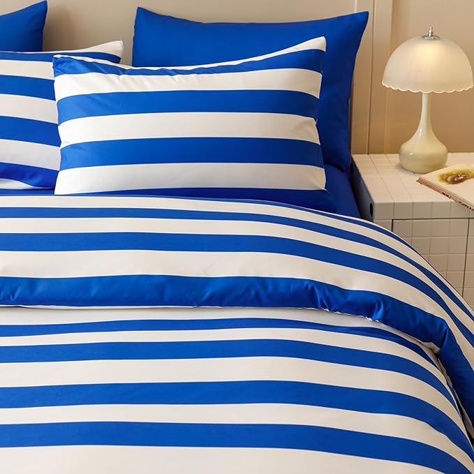 KAREVER Royal Blue White Stripes Comforter Set Full Size Royal Blue White Stripes Bedding Set 3 PCs Comforter Set Full Size Fluffy Linen Comforter Sets