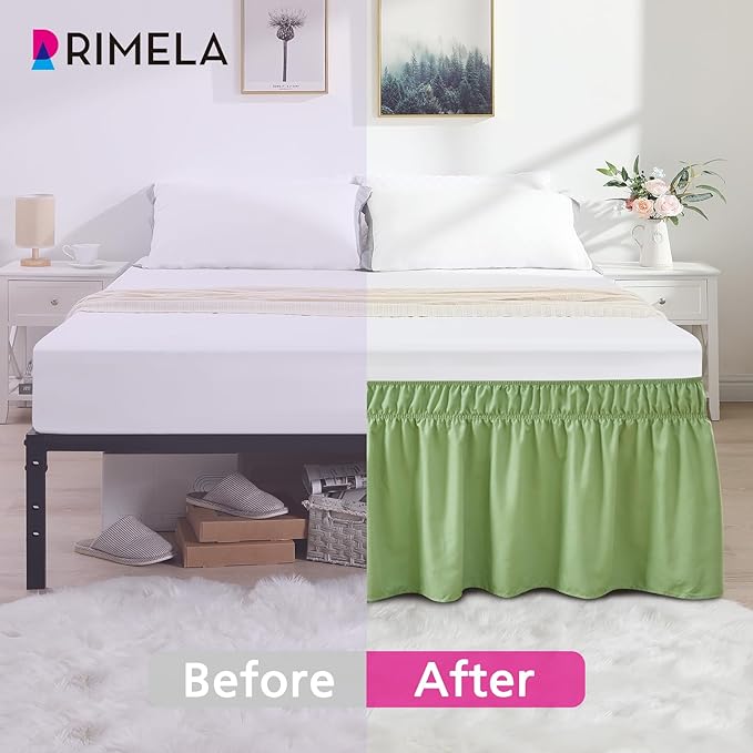 RIMELA Light Green Bed Skirt Twin Size 15 Inch Drop, Elastic Bed Skirting for Adjustable Bed Base and Frame, Bedding Dust Ruffle Easy to Install, Hotel Quality Wrap Around Bedskirt