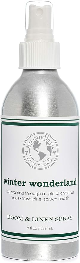 ECO CANDLE CO. Room & Linen Spray, Winter Wonderland, 8 oz. - Scents Of Pine, Spruce, & Fir - Recycled Aluminum Bottle, No Propellents, Pump Top, All Natural Ingredients