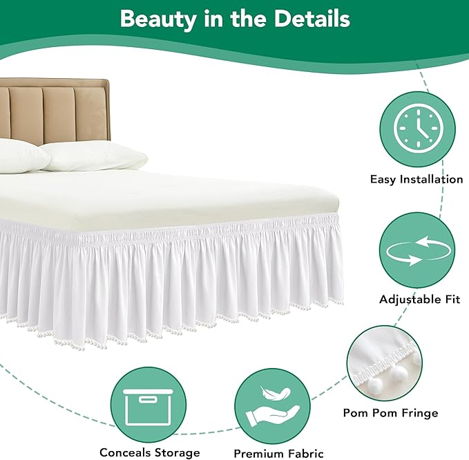 Biscaynebay Wrap Around Bed Skirts with Pompom for King Beds 15" Drop, White Adjustable Elastic Dust Ruffles Easy Fit Wrinkle & Fade Resistant Silky Luxurious Fabric Machine Washable