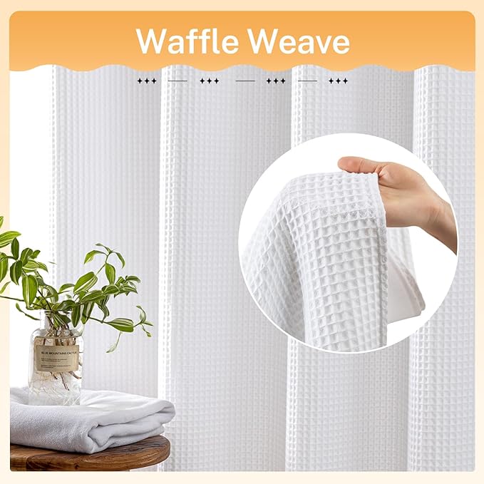 River Dream Extra Long Shower Curtain Set, Cotton Blend, Waffle Weave, with Snap in Replacement Liner, White, 71 x 86 inches