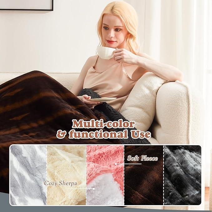 Heated Throw Blanket Faux Fur & Sherpa, Safe Electric Blanket ETL & FCC Certified, Soft Warm 6 Heating Levels & 4 Hours Auto-Off, Machine Washable, 50"x60" Dark Brown