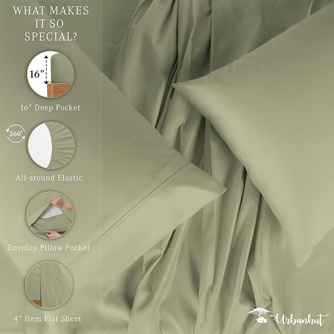 URBANHUT 100% Egyptian Cotton Sheets - 1000 Thread Count Full Size Sheets Set (4Pc), Long Staple Cotton Bedding Sheets, All Season Sateen Weave, Luxury Hotel Bedsheets,16" Deep Pocket - Sage(Moss)