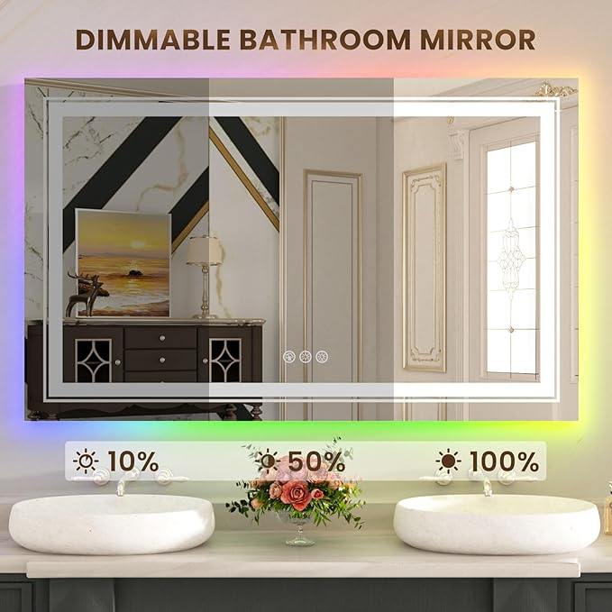 WTTY LED Bathroom Mirror 48"x30" with RGB Backlit and Front Light,Stepless Dimmable LED Mirror for Bathroom,Lighted Bathroom Vanity Mirror,Anti-Fog,Memory Function,Shatter-Proof,Wall Mounted