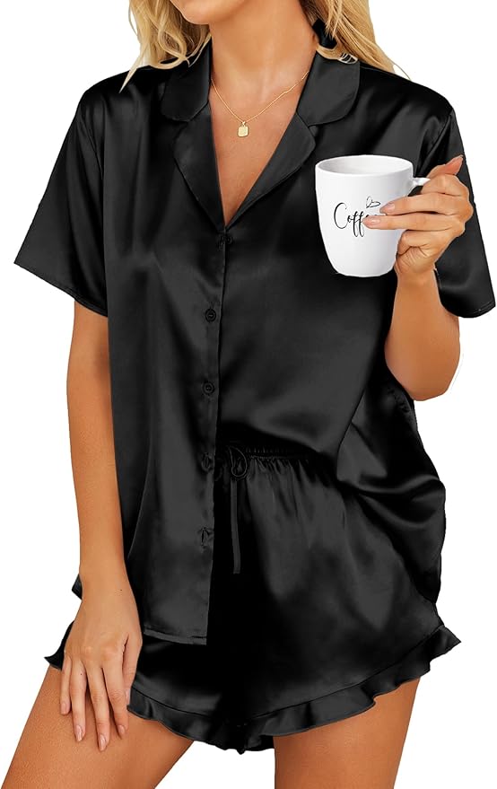 HOTOUCH Womens Satin Pajamas Set Button Down 2 Piece Silk Pjs Shorts Set Ruffle Lingerie Notch Collar Sleepwear