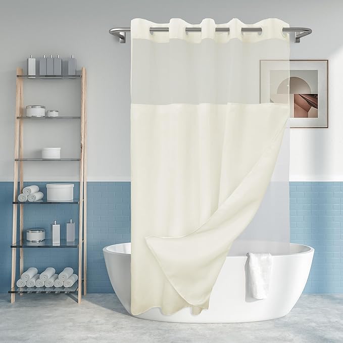 No Hook Slub Textured Shower Curtain with Snap-in PEVA Liner Set - 71" x 74"(72"), Hotel Style Cream Shower Curtain with Sheer Top Window, Water Repellent, Sand, W71xH72