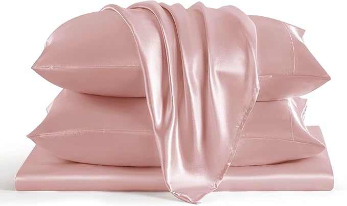 Bedsure Satin Sheets Full Size - 4 Piece Silky Bedsheets with 15 Inches Deep Pocket Fitted Bedsheet,1 Flat Sheet, 2 Satin Pillowcases, Good for Hair & Skin (Full, Blush Pink)