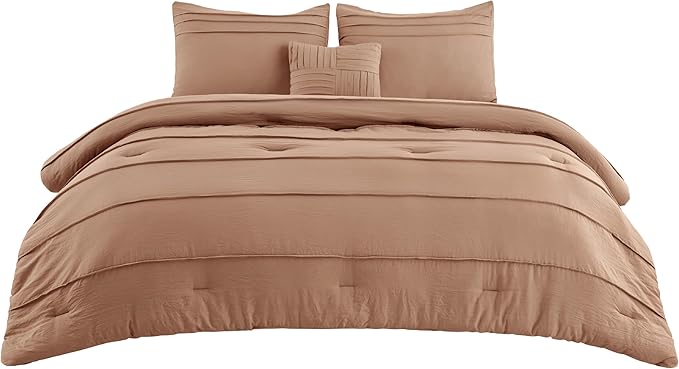 Bedsure King Comforter Set - 4 Pieces Pinch Pleat Bed Set, Taupe Boho Bedding for All Season, 1 Soft Comforter, 2 Pillowcases, 1 Decorative Pillow