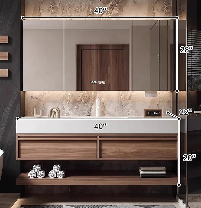 40" Bathroom Vanity, Floating Bathroom Vanity with Sink, Solid Wood Vanities with Smart Defogging Mirror Cabinet, Slate Countertop and Faucet, Wall Mount Bath Furniture Cabinet with Drawers (Walnut)