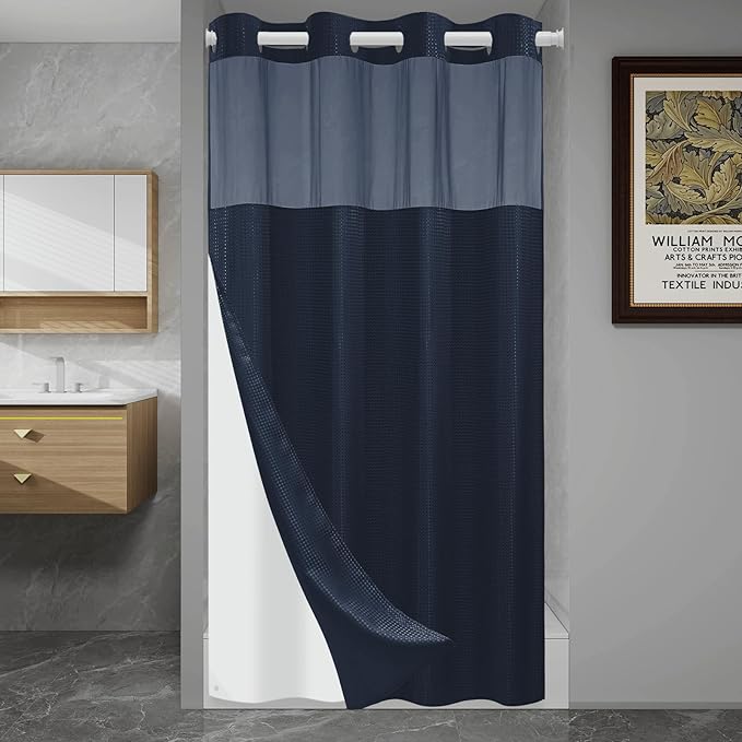No Hook Shower Curtain with Snap in Liner Set Waffle Shower Curtain for Bathroom Hotel Style Fabric Waterproof Inner Liner，54" W x 80" H, Navy Blue