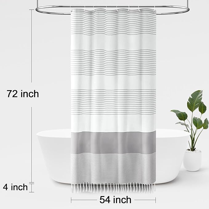 Awellife Boho Grey Shower Curtain for Bathroom Stripe Tassel Shower Curtain 54 X 72 Inches Farmhouse Cotton