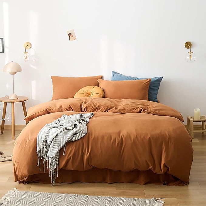 Cottonight Pumpkin Comforter Set Twin - Burnt Orange Bedding Cotton Rust Caramel Solid Blanket Quilt - Soft Breathable Cinnamon for Kids Teens