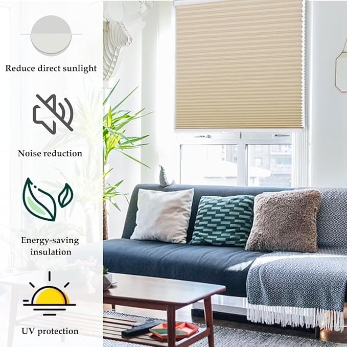 MYshade 1.5-Inch Cellular Cordless Light Filtering Shades,Thermal Insulating Noise Reducing Waterproof Blinds,Honeycomb Window Treatments for Indoor Light Control (Beige-52 W x 72" H)