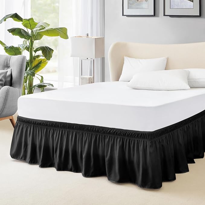 FreshCulture Twin Bed Skirt, Elastic Wrap Around Bed Skirt Twin Size, Bed Skirts for Adjustable Bed, Easy Fit with 22 Inch Drop Length, Hotel Quality Dust Ruffle for Twin Bed (Black)