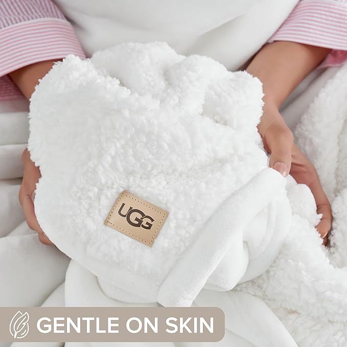 UGG Ariana Full/Queen Blanket Fleece Fluffy Reversible Soft Fuzzy Bedding Cozy Plush Warm Oversized Blanket Machine Washable Bedroom Decor for Big Couch or Bed, 90-inch x 90-inch, White Snow