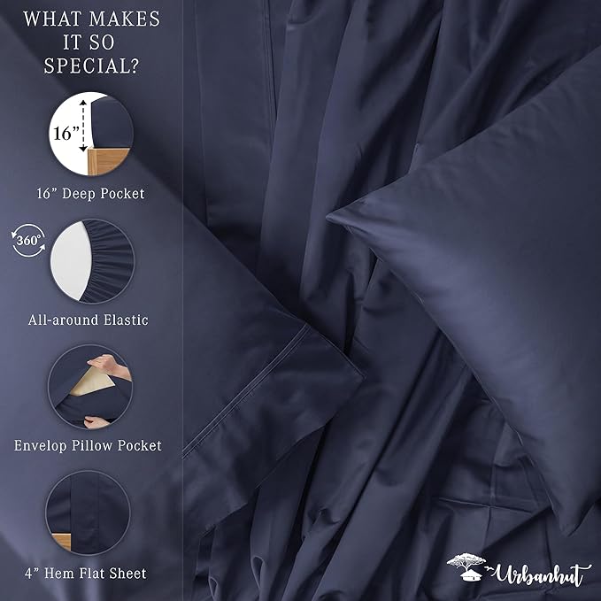 URBANHUT 1000 Thread Count Queen Sheet Set Egyptian Cotton Sheets, Long Staple Soft & Breathable, 4 Pc Bed Sheet Sets for Queen Size Bed, Luxury Hotel Sateen Sheets Fits 16" Deep Pocket - Navy Blue