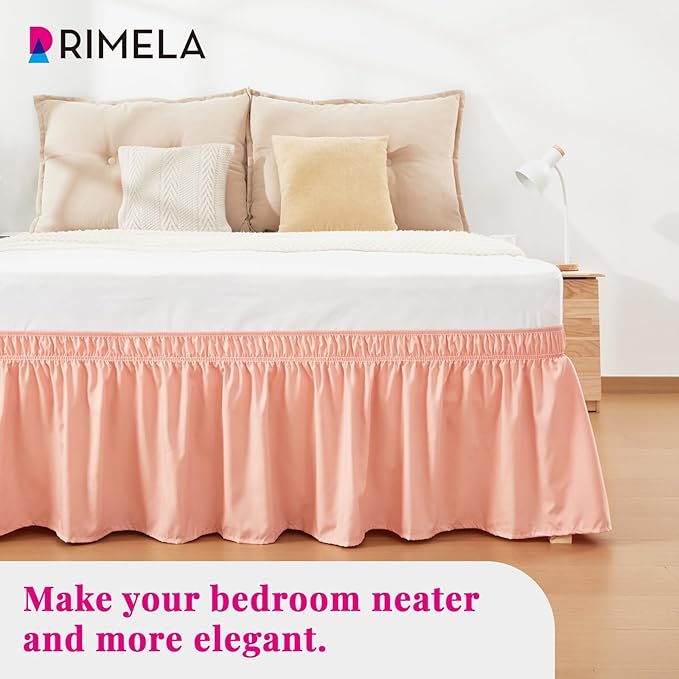 RIMELA Peachy Coral Bed Skirt Queen Size 18 Inch Drop, Wrap Around Elastic Bedskirt, Dust Ruffle for Adjustable Bed Base Machine Washable Easy to Install Bed Skirts