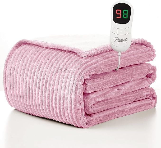 Homemate Heated Blanket Electric Throw - 50"x60" Heating Blanket Throw 1/2/4/6/8 Hours Auto-Off 10 Heat Levels Over-Heat Protection Soft Flannel Sherpa ETL Certification