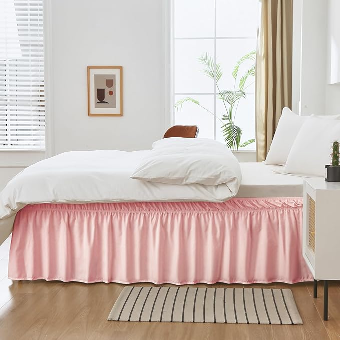 MEILA Wrap Around Bed Skirt Three Fabric Sides Elastic Dust Ruffled 24 Inch Tailored Drop,Easy to Install Fade Resistant-Pink, Twin/Full