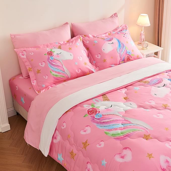 Wajade Pink Unicorn Comforter Set for Girls 7 Piece Cute Cartoon Bedding Set for Kids Full Size as Birthday Gift with Comforter, Sheet Set, Pillowcase and Sham