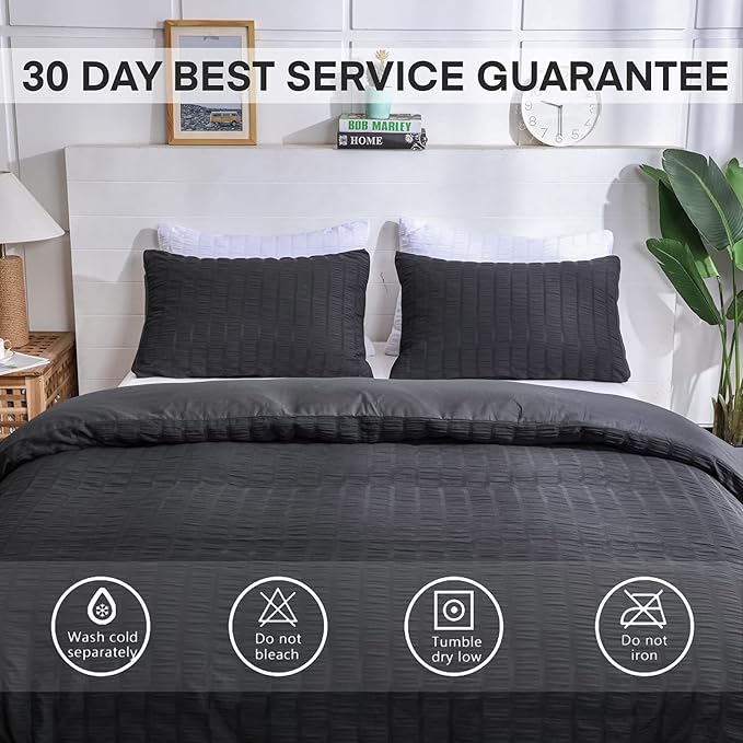 AveLom Seersucker Duvet Cover Set Full Size (80 x 90 inches), 3 Pieces (1 Duvet Cover + 2 Pillow Cases), Black Ultra Soft Washed Microfiber, Textured Duvet Cover with Zipper Closure, Corner Ties